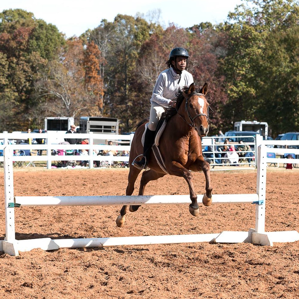 Photo of teen girl and horse jumping at the Greenway Horse Show at the Anne Springs Close Greenway