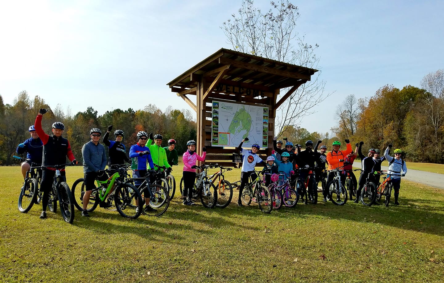 Photo of cyclers preparing for the Pumpkin Pie Bike Ride at the Anne Springs Close Greenway
