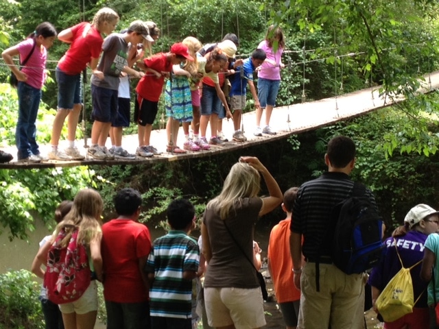 alt=Photo of children looking down from the Swinging Bridge at the Anne Springs Close Greenway