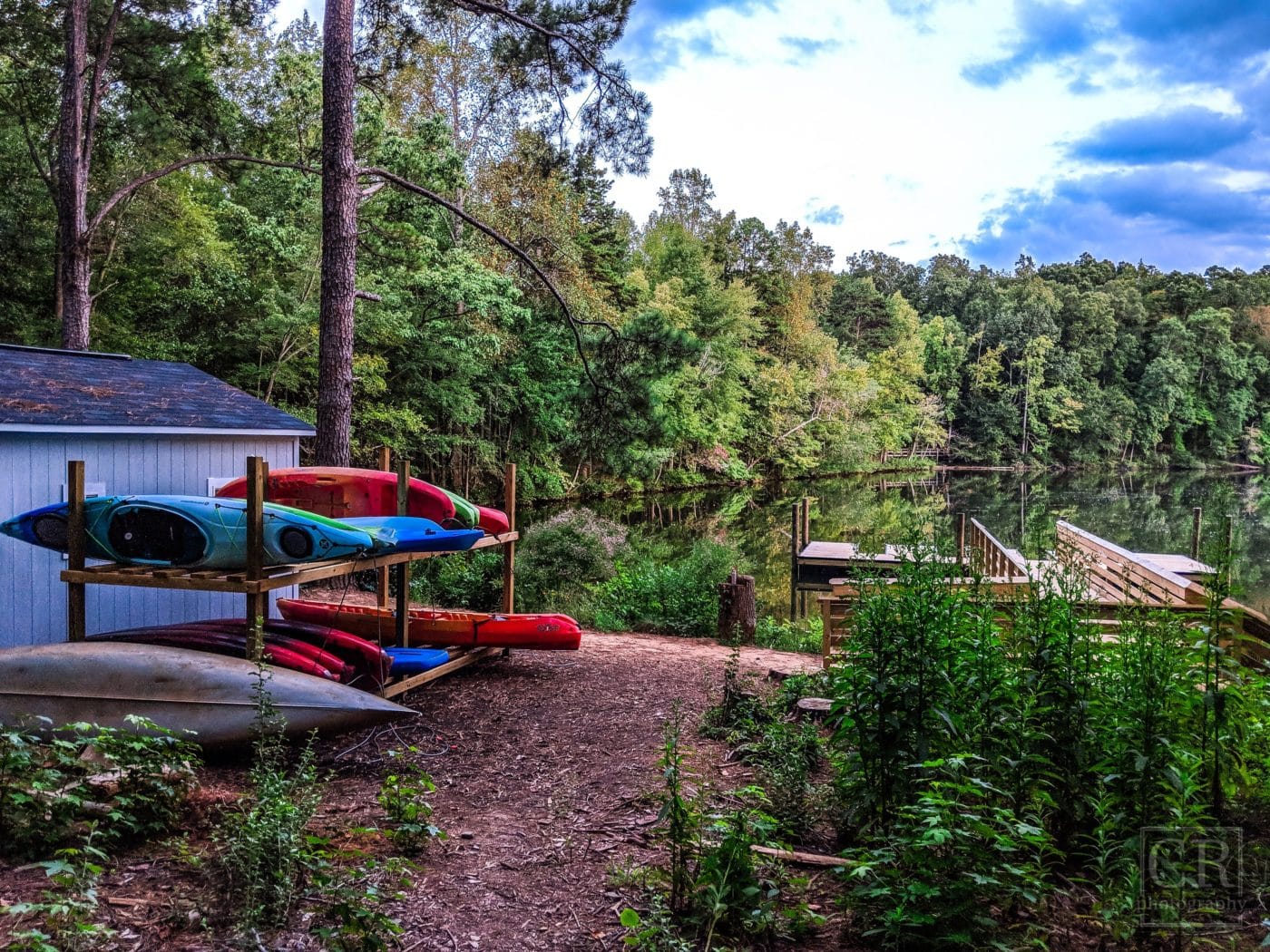 Photo of kayak storage on Lake Haigler at the Anne Springs Close Greenway