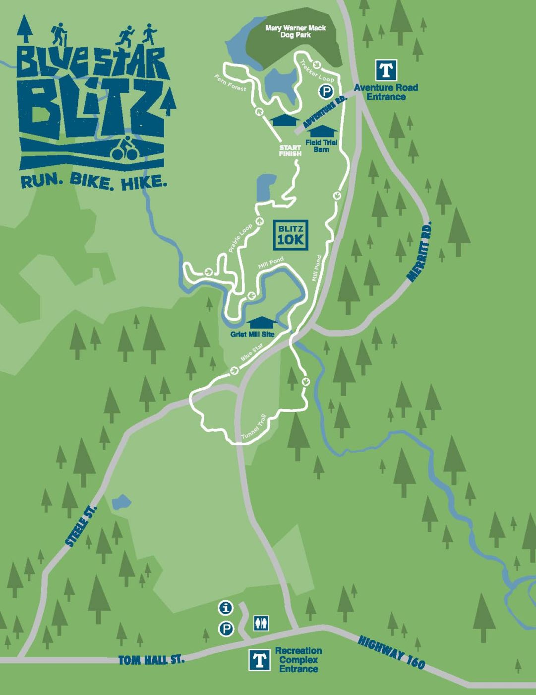 alt=Map of the Blue Star Blitz 10K at the Anne Springs Close Greenway