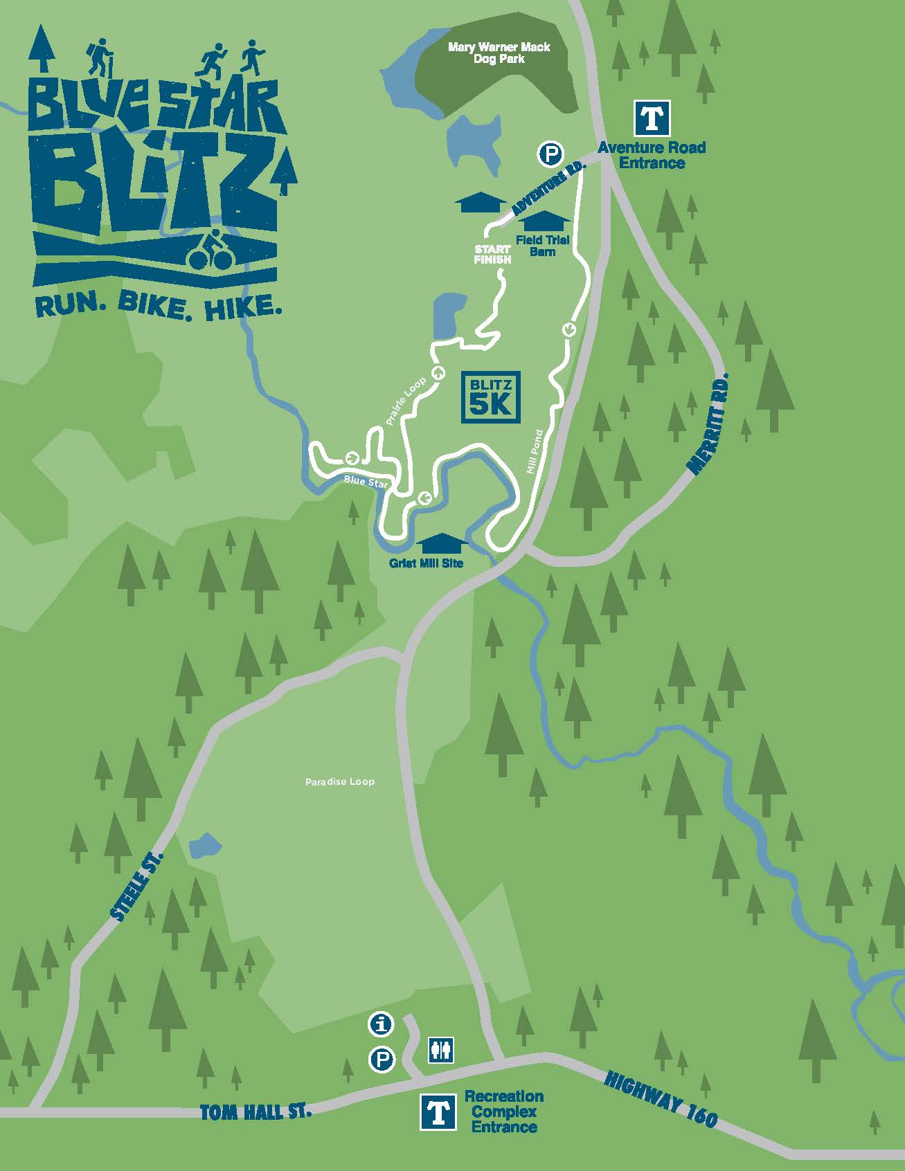 alt=Map of the Blue Star Blitz 5K at the Anne Springs Close Greenway