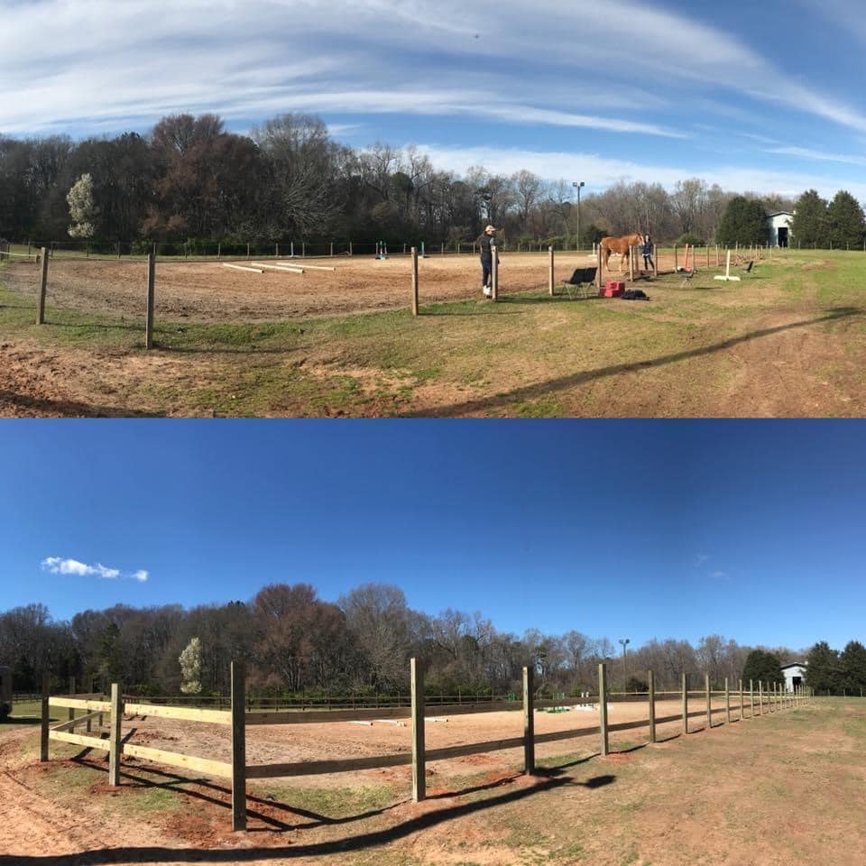 alt=Photo showcasing the before and after of new fence at the Greenway Stables
