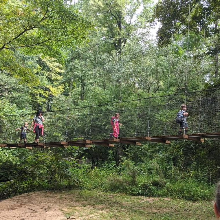 alt=Photo of children walking across the Swinging Bridge at the Anne Springs Close Greenway