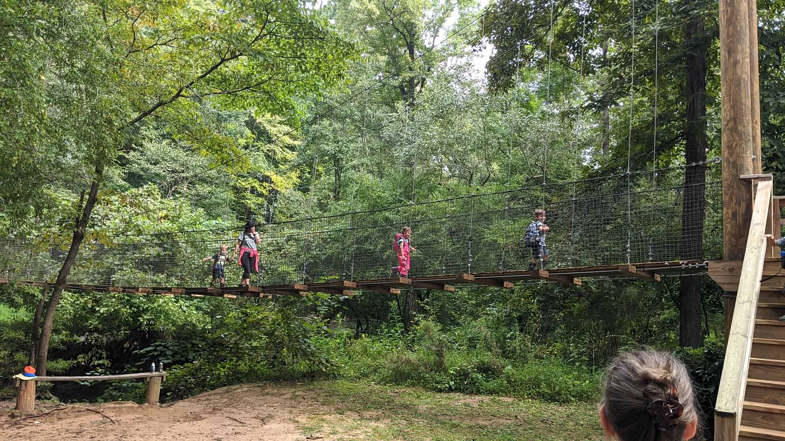 alt=Photo of children walking across the Swinging Bridge at the Anne Springs Close Greenway
