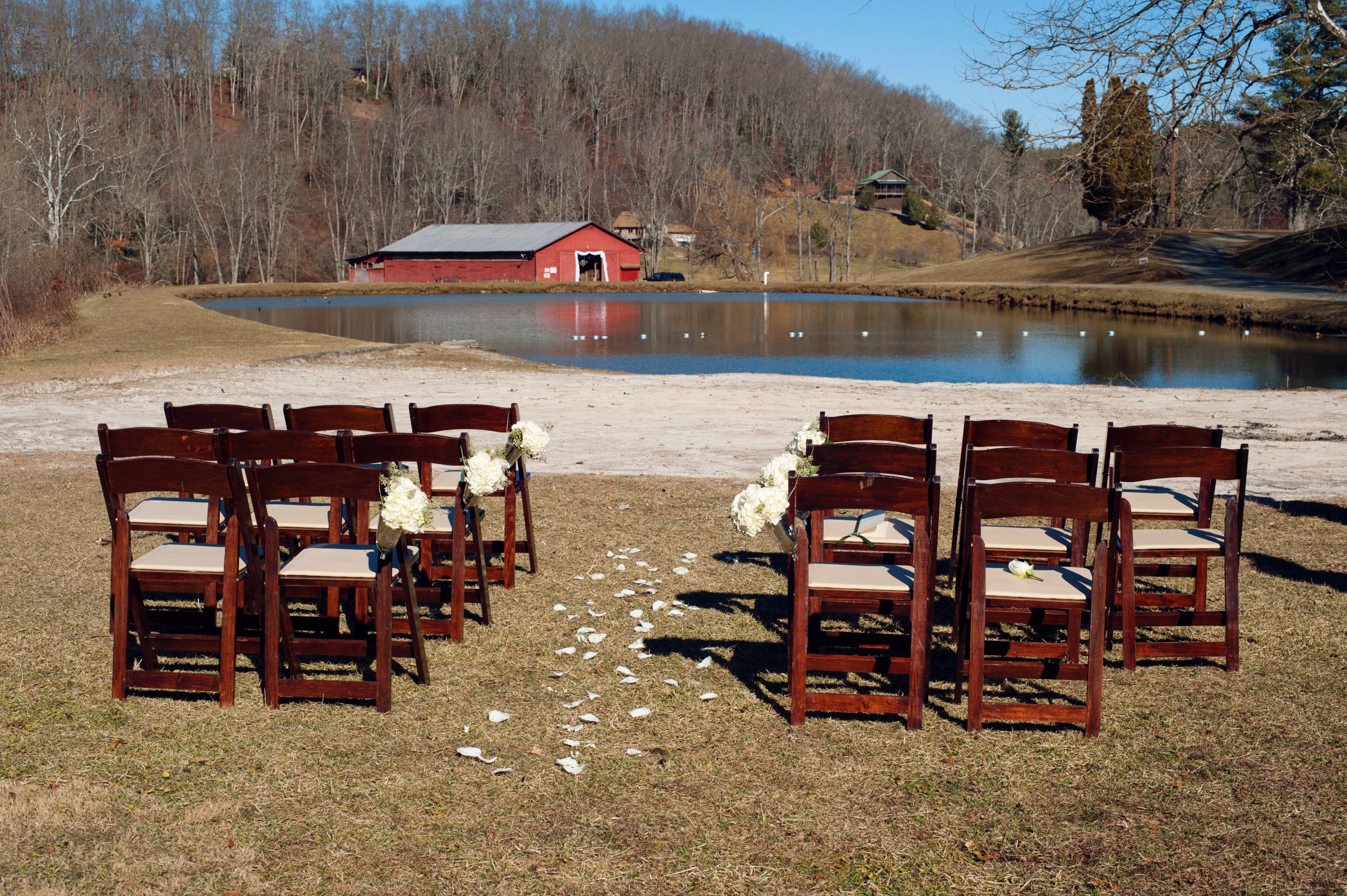 Photo of chairs arranged in front of the Springmaid Mountain Pond