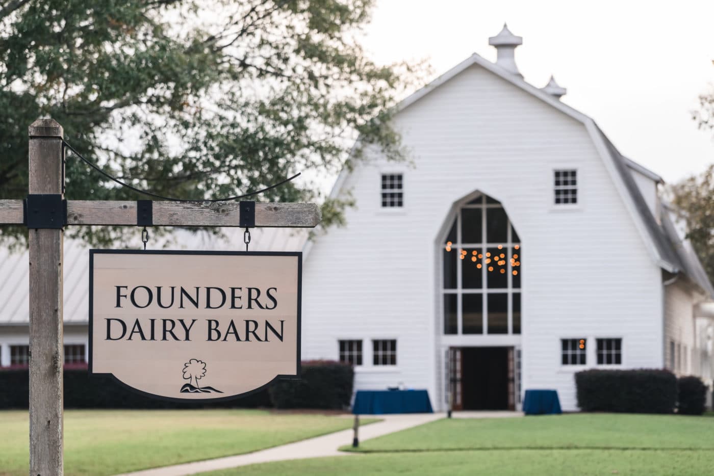 alt=Photo of sign out front of the Founders Dairy Barn at the Anne Springs Close Greenway
