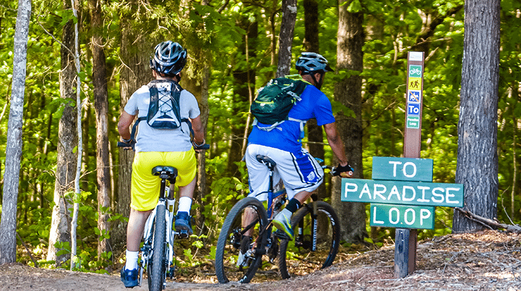 Mountain Bike Paradiseloop Photo of 2 men on mountain bikes entering the Paradise Loop at the Anne Springs Close Greenway