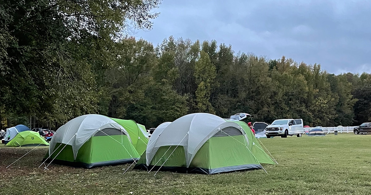 Photo of tents propped up at the Anne Springs Close Greenway's October Campout