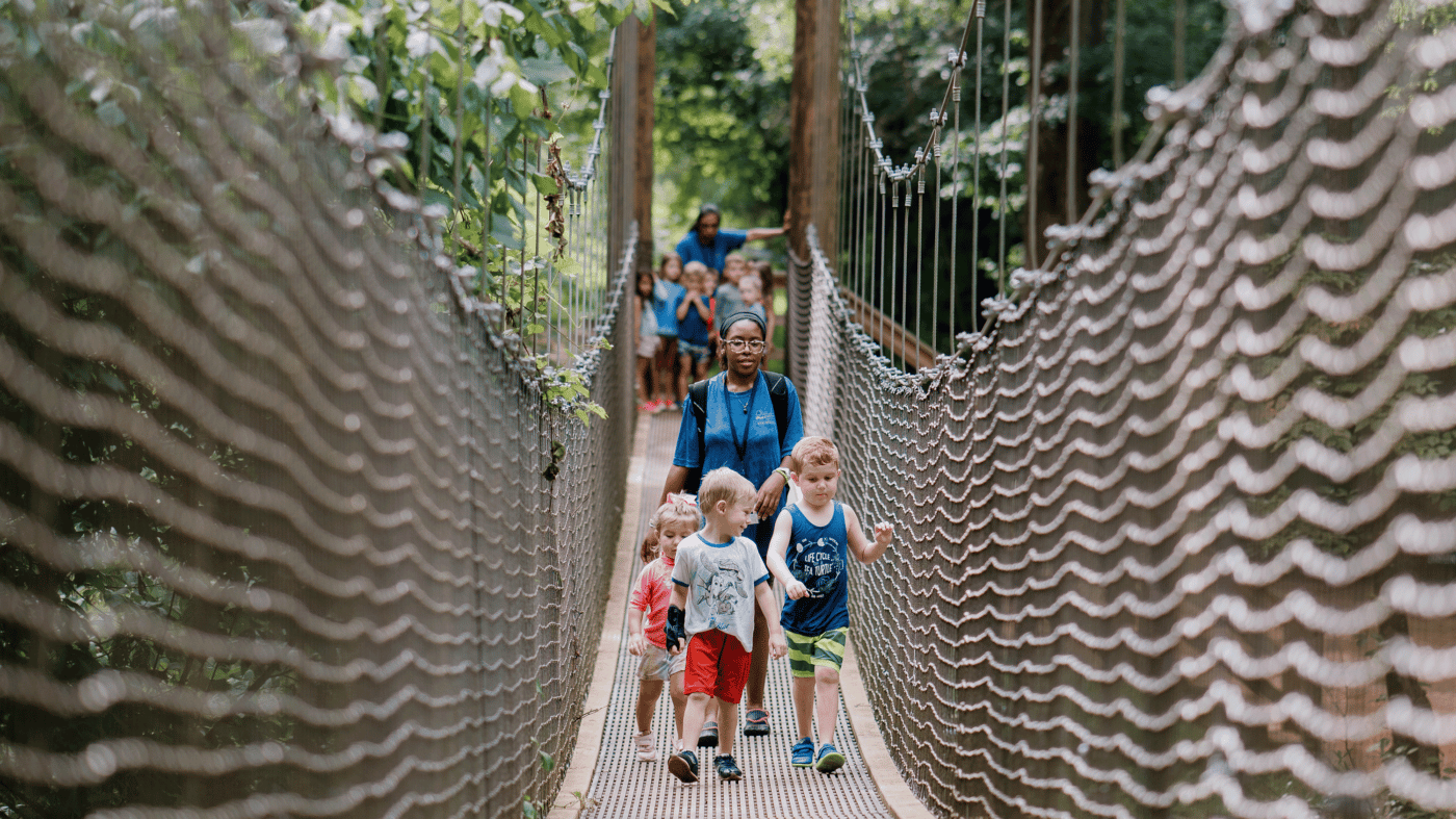 alt=Children walking across the Swinging Bridge at the Anne Springs Close Greenway