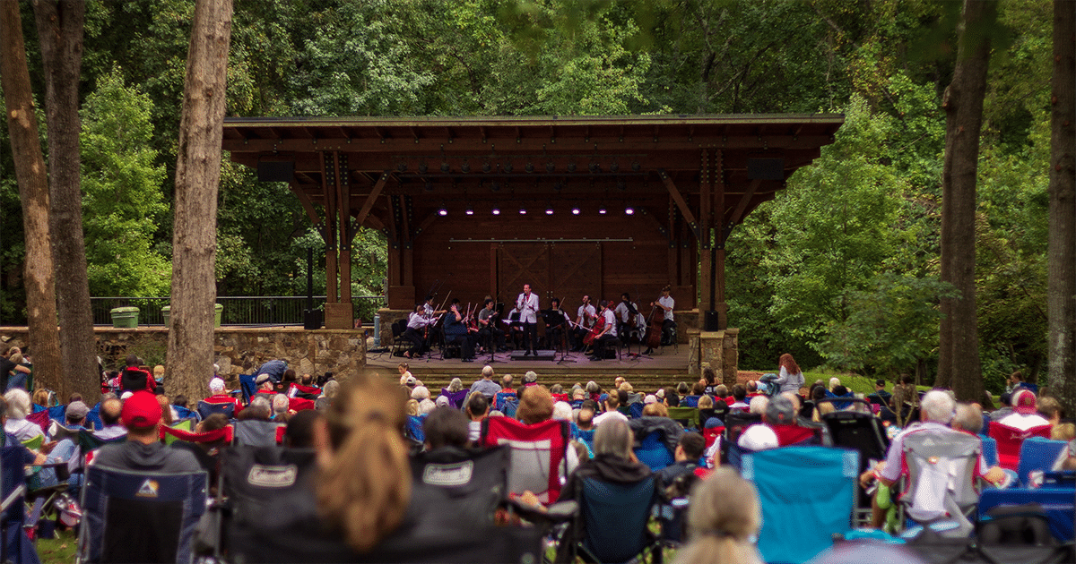 alt=Photo of Charlotte Symphony playing on-stage at the Anne Springs Close Greenway in Fort Mill for free outdoor concert