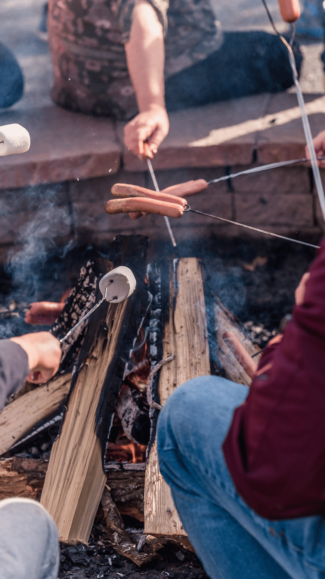 campers roast hot dogs and marshmallows over campfire at the Anne Springs Close Greenway
