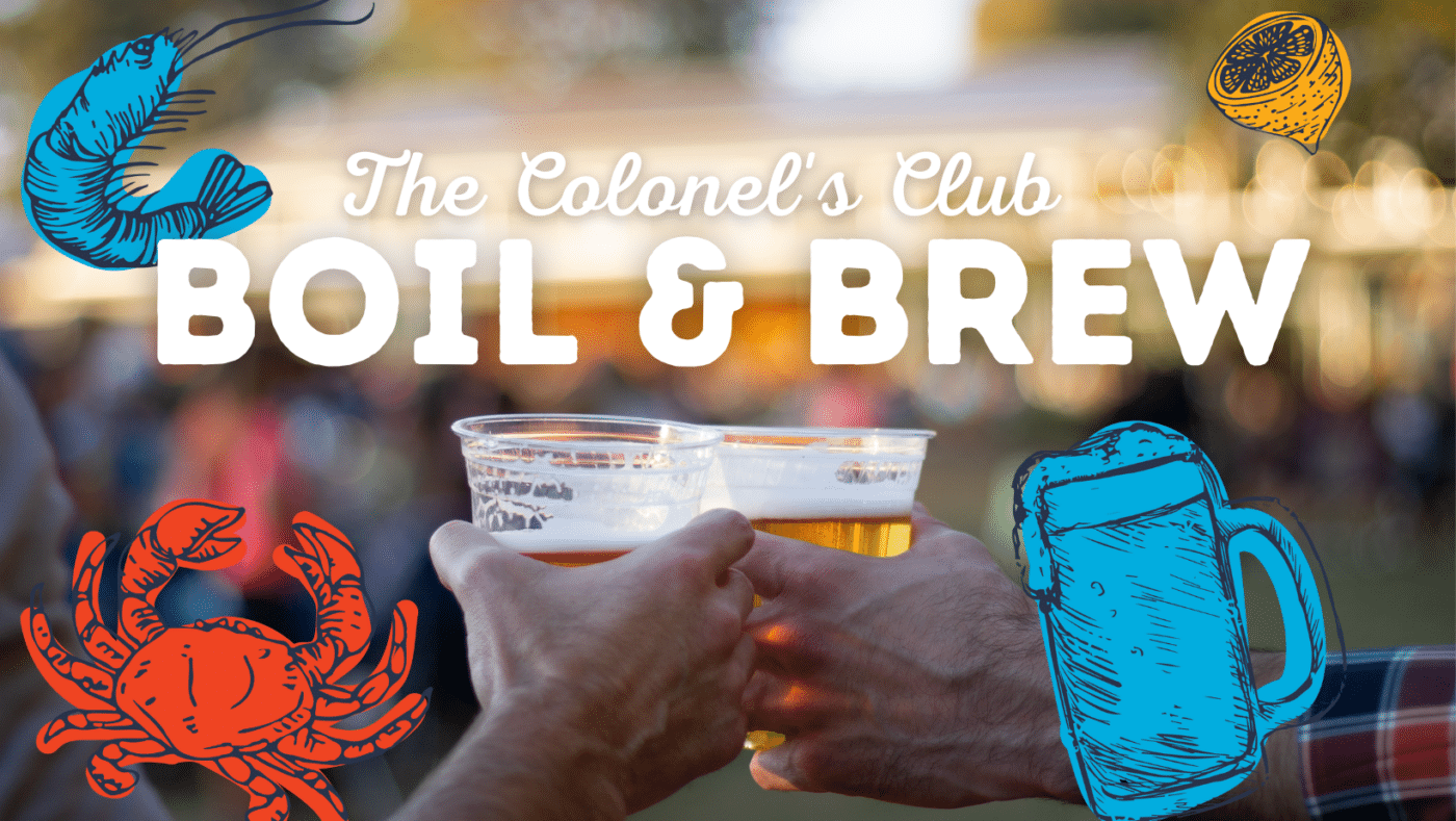 image of two hands holding draft beer outside at the Anne Springs Close Greenway with Boil and Brew event text and graphic overlays