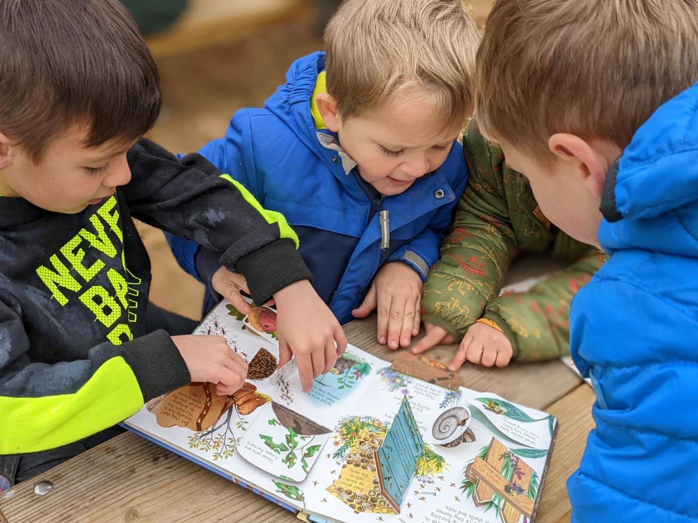 Preschool-age children gather at a picnic table to look at a nature book kids children