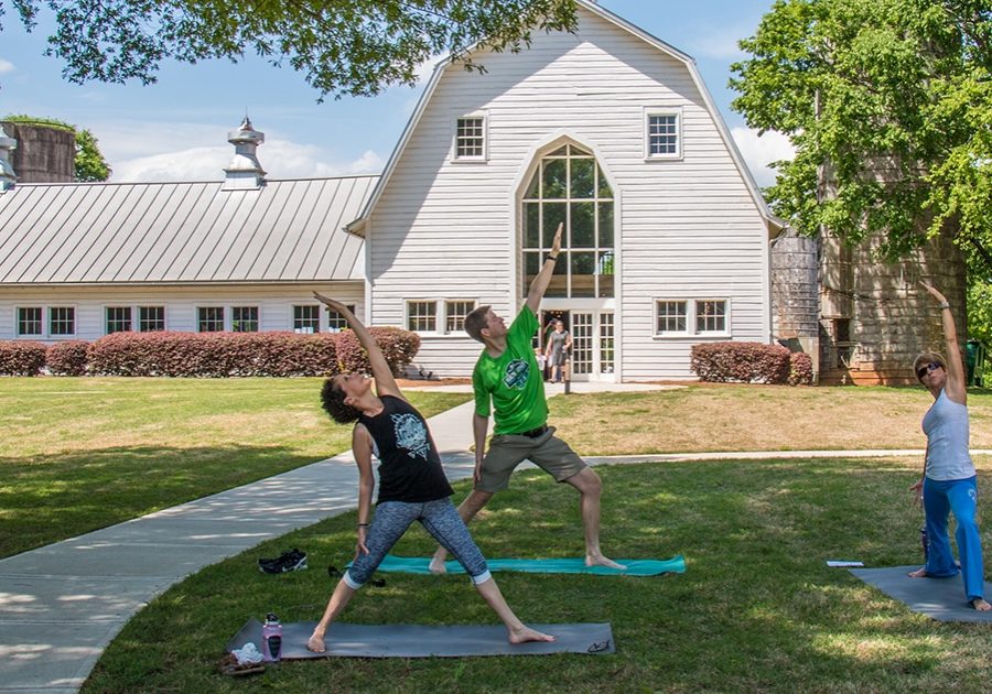 Photo of members participating in outdoor yoga at the Dairy Barn of the Anne Springs Close Greenway
