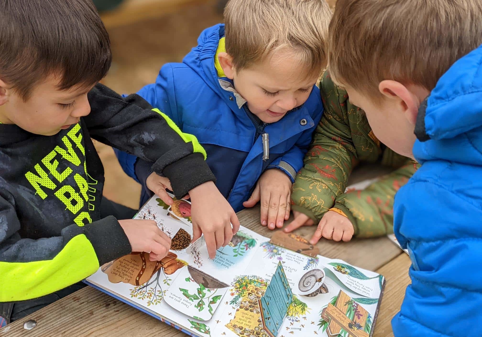 Preschool-age children gather at a picnic table to look at a nature book kids children